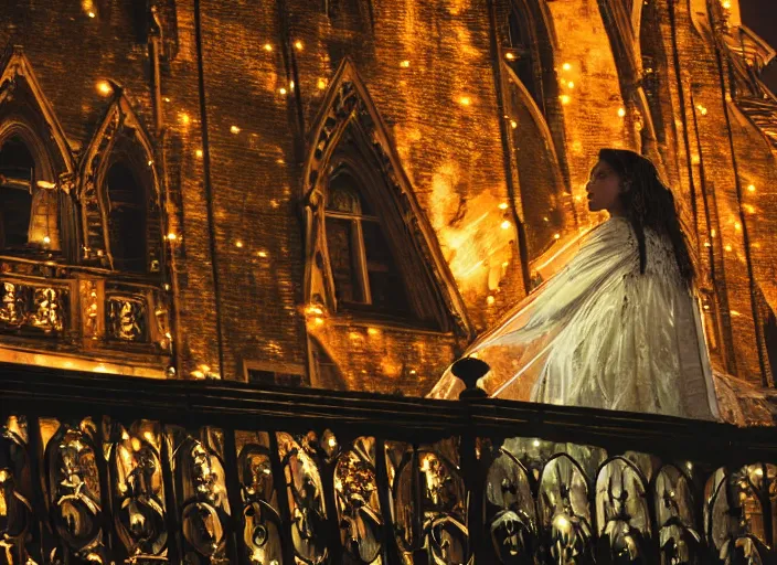 Prompt: a beautiful queen stands on a balcony overlooking a fantasy medieval gothic city at night, glow rays, 3 5 mm photography