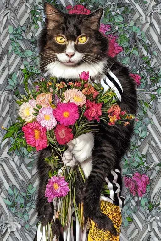 Prompt: medium - shot, black with white stripes!! fur naughty cat, symmetrical, colourful flowers bouquet, cinematic lighting, highly detailed, digital art, oil painting, highly detailed, sharp focus, matte painting, renaissance painting, by kinkade, by alphonse mucha, by leyendecker, by rutkowsky,