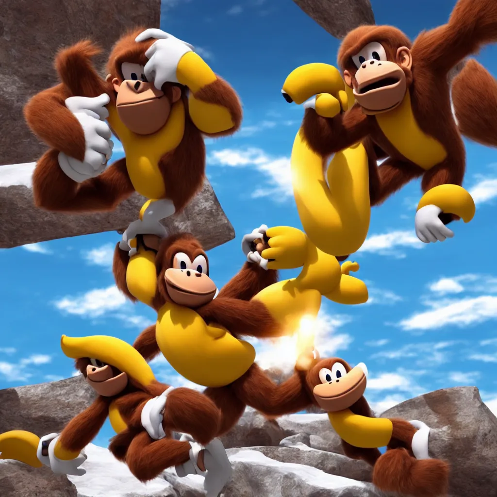 Image similar to donkey kong eating a banana in antarctica fighting sonic the hedgehog, unreal engine, 4 k, ray - tracing,
