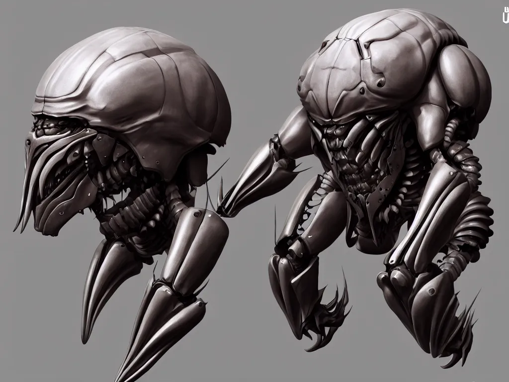 Image similar to game concept art, muscular, exoskeleton, chiroptera head, isopod, hyperrealism, fine detail, artstation, cgsociety, zbrush, no background