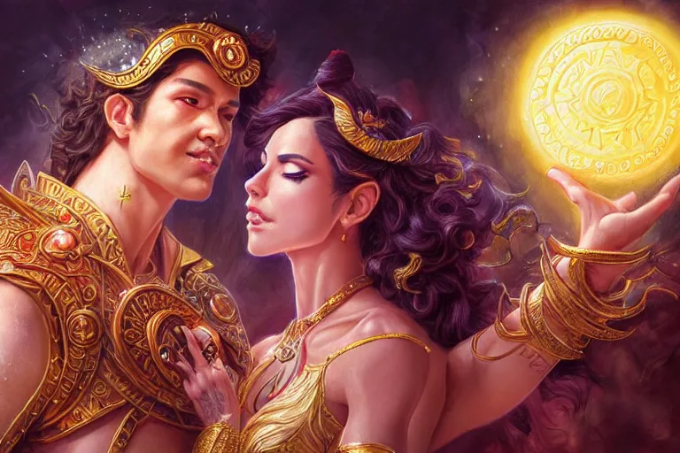 Image similar to close up moment of a divine a sun god and a moon goddess lovers magician at a wedding banquet, highly detailed, d & d, fantasy, highly detailed, digital painting, trending on artstation, concept art, sharp focus, illustration, art by artgerm and greg rutkowski and magali villeneuve