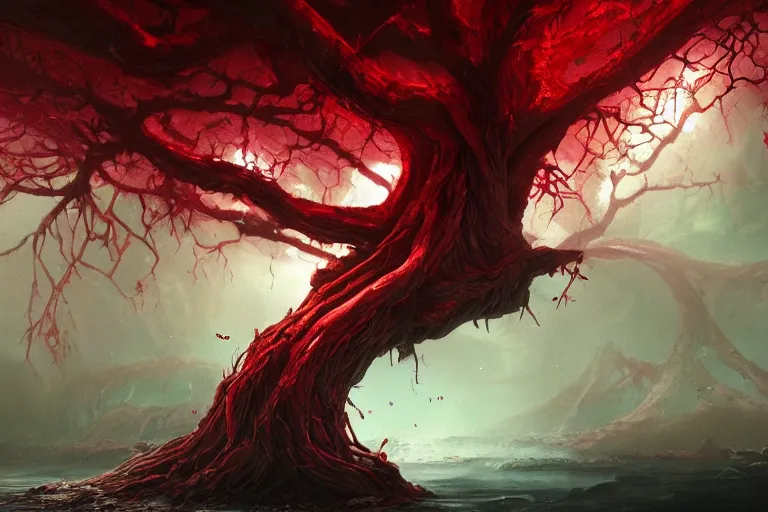 Prompt: a giant rotting tree with crimson water flowing through its roots surrounded by moths, concept art, digital painting, trending on artstation, deviantart, highly detailed, perfect composition, dramatic lighting, sharp focus, 8 k uhd