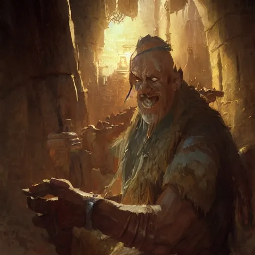 Image similar to a friendly orcish merchant, fantasy character portrait by greg rutkowski, gaston bussiere, craig mullins