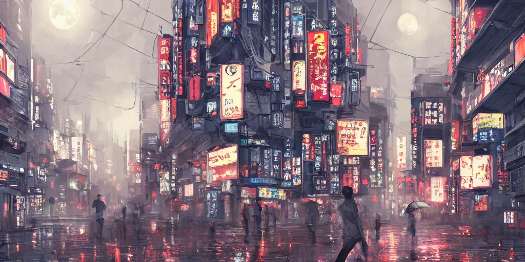 Image similar to japan style, small building, city, street, science fiction, cyberpunk, rain day, wide angle, full of people, moon, a lot of lights, cinematic lighting, high detail, digital painting, concept art, illustration, smooth, sharp focus, trending on artstation, trending on deviantart, 4 k