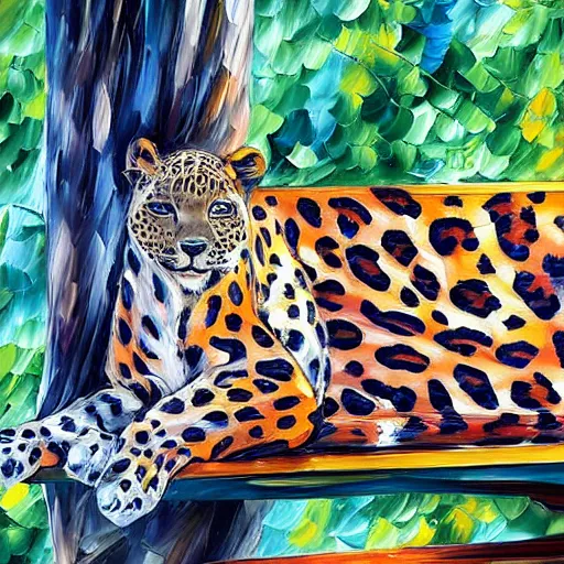 Prompt: by leonid afremov leopard print exciting. a sculpture of a blind woman sitting on a bench in a park in new york city