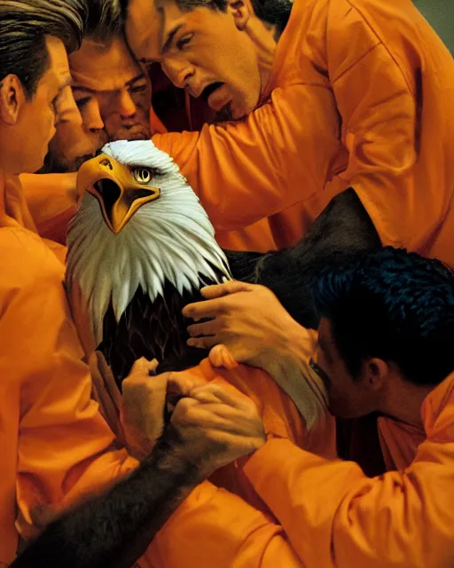 Image similar to Medium shot photo of eagles biting Donald Trumps head in jail, wearing orange pajamas, octane, dramatic lighting, editorial photo, 35mm, very detailed