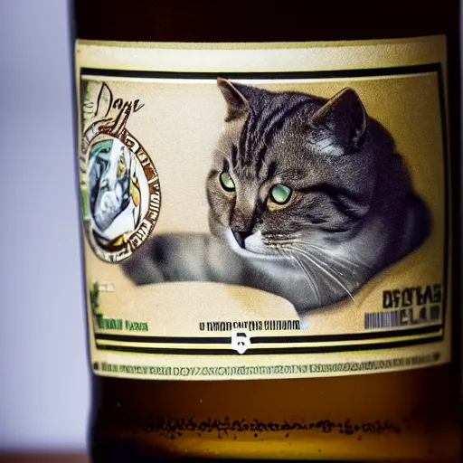 Prompt: photo of cat's demise beer by dogfish head, 1 2 oz bottle with sweat, ( eos 5 ds r, iso 1 0 0, f / 8, 1 / 1 2 5, 8 4 mm, postprocessed, 4 k )