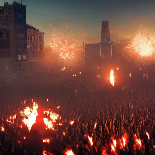 Image similar to the biggest mosh pit in the world, punks throwing Molotovs in the air, fighting, flame and fire, glowing upside cross, cinematic, epic, volumetric, godrays, dynamic lighting, dust flying up into the air, people shooting into the air with guns, octane render, photorealistic, unreal engine, artstation, artstation trending, artstation hq, artstation hd, Pinterest, 8k, ultra detailed, ultra realistic,