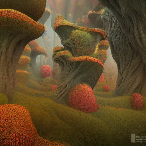 Prompt: An ultra detailed dreamy fractal forest, 4k unreal engine renders, ultra-wide angle, by Zdzisław Beksiński, HD, cinematic,vivid colors