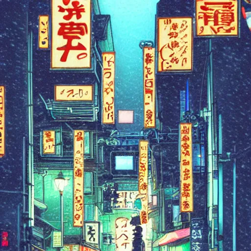 Prompt: Rainy street in Tokyo at night, anime style, studio ghibli