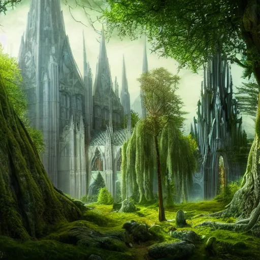 Prompt: a beautiful and highly detailed matte painting of an elven cathedral in a magical celtic forest, otherworldly trees and plants and flowers, celtic vegetation, epic scale, insanely complex, hyperdetailed, sharp focus, hyperrealism, artstation, cgsociety, 8 k, bright colors, by caspar friedrich, albert bierstadt, james gurney, brian froud,
