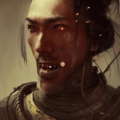 Image similar to Sickly diseased dying Samurai warrior, portrait by Cedric Peyravernay, highly detailed, excellent composition, cinematic concept art, dramatic lighting, trending on ArtStation