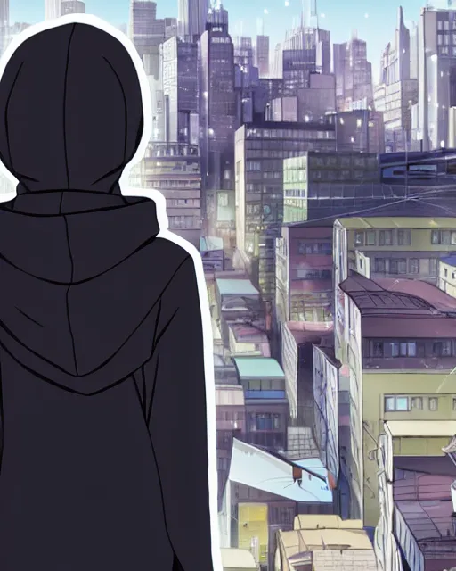 Image similar to black haired girl wearing hoodie, detailed city background, anime by shinkai makoto