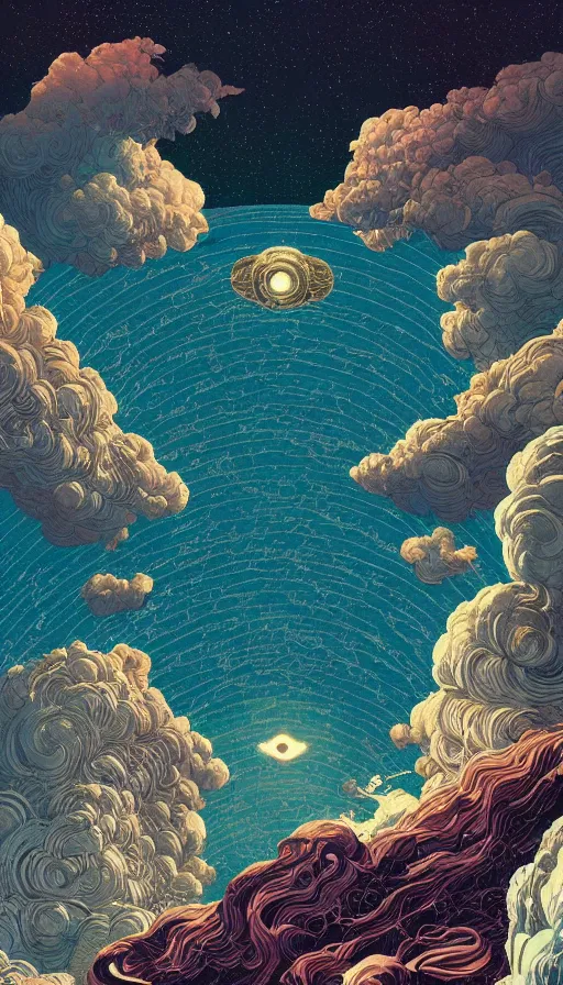 Prompt: The oracle of elder readers on cosmic cloudscape, italian futurism, Dan Mumford, da vinci, Victo Ngai, Kilian Eng, Josan Gonzalez