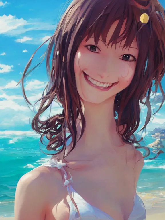 Image similar to A portrait of a smiling anime woman on the beach near the ocean, by Stanley Artgerm Lau, WLOP, Rossdraws, James Jean, Andrei Riabovitchev, Marc Simonetti, and Sakimi chan, anime portrait, official anime artwork