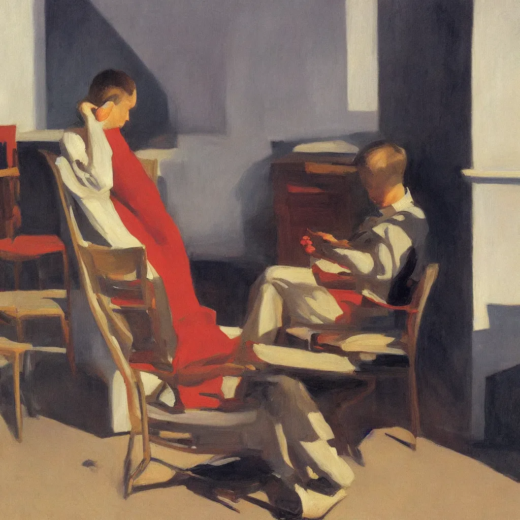 Image similar to i, a portrait of a young man sitting on a chair playing his iphone, by edward hopper