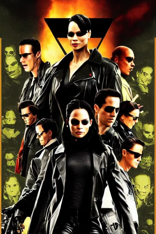Prompt: a high action movie poster of the new matrix movie featuring thandie newton, wearing sun glasses and black leather trench coat, riding a futuristic motorcycle, matrix symbols in the background, extremely detailed, extremely symmetrical facial features, by kevin fiege 8 k