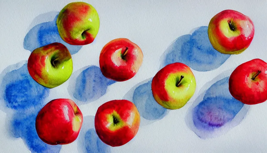 Prompt: watercolor painting of apples on white paper, bright, white table, white walls