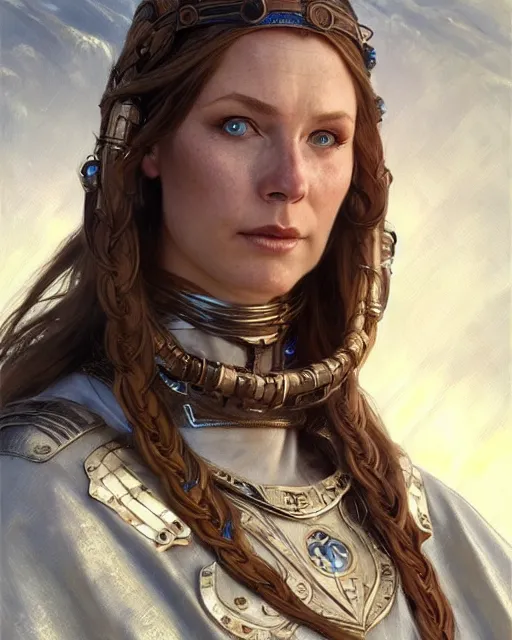 Prompt: portrait of a viking woman, spacesuit, blue eyes, real life skin, intricate, elegant, highly detailed, artstation, concept art, smooth, sharp focus, art by artgerm and greg rutkowski and alphonse mucha