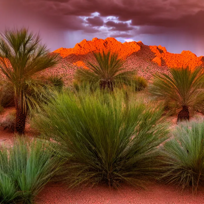 Prompt: hyper realistic, high detail photo of desert oasis monsoon, beautiful, bright lighting
