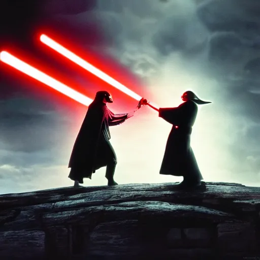 Image similar to stunning awe inspiring darth vader fighting yoda, movie still 8 k hdr atmospheric lighting