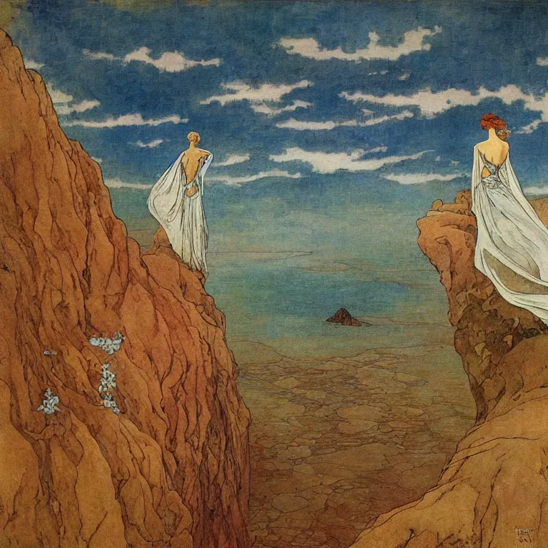 Image similar to A woman standing on a cliff, looking out at a storm Anton Pieck,Jean Delville, Amano,Yves Tanguy, Alphonse Mucha, Ernst Haeckel, Edward Robert Hughes,Stanisław Szukalski and Roger Dean