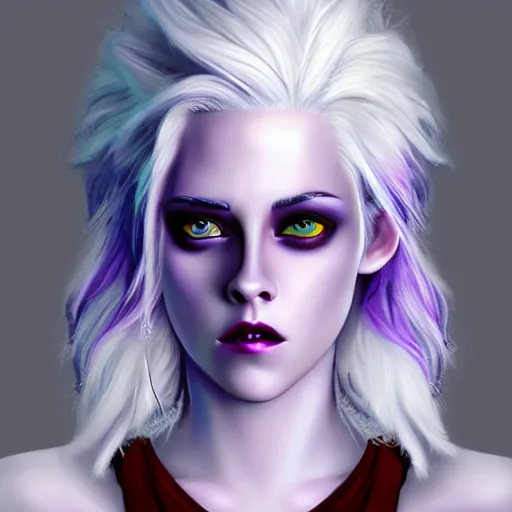 Prompt: Kristen Stewart as a Drow Elf wizard with white hair and purple skin. Photorealistic digital art.