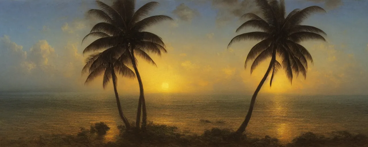 Prompt: surreal oil painting of a sri lankan landscape at sunset, coconut trees in the foreground, ocean sunset in the background, volumetric lighting, volumetric shadows, realistic oil painting by gustave dore, - h 6 4 0,