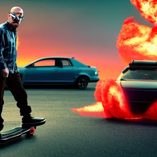 Image similar to Wide angle photo of walter white on a hoverboard with an exploding car behind him, color, cinematic lighting