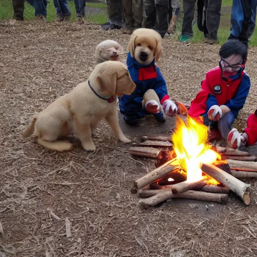 Prompt: puppies dressed as Boy Scouts building a campfire