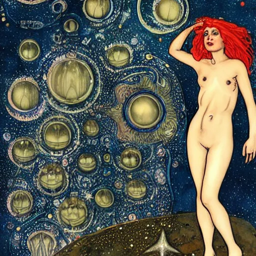 Prompt: a space goddes with red hair, among a sea of stars, by hr. giger, milo manara, art deco, klimt