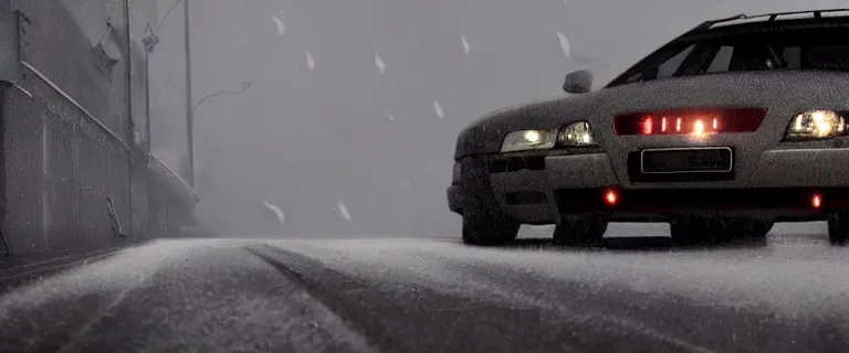 Image similar to Audi A4 B6 Avant (2002), a gritty neo-noir, dramatic lighting, cinematic, eerie person, death, homicide, homicide in the snow, viscera splattered all over the car, gunshots, establishing shot, extremely high detail, photorealistic, red mist, arson, burning city, cinematic lighting, artstation, by simon stalenhag, Max Payne (PC) (2001) winter New York at night, In the style of Max Payne 1 graphic novel, flashing lights, Poets of the Fall - Late Goodbye