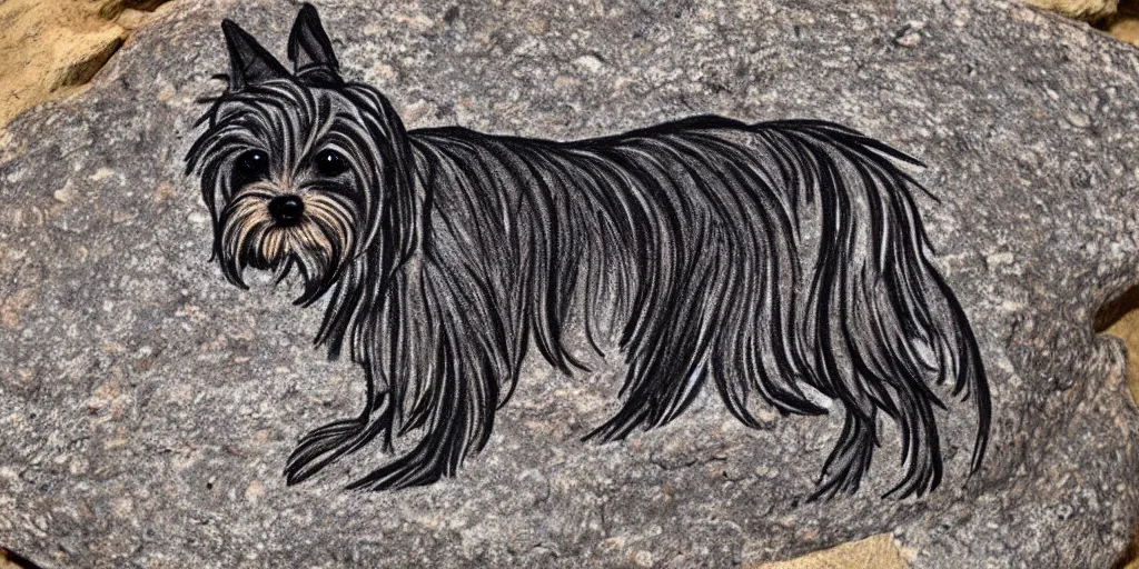 Image similar to A Yorkshire Terrier drawn on the stone of a cave, a petrogliph, art by Pueblan peoples, stone art