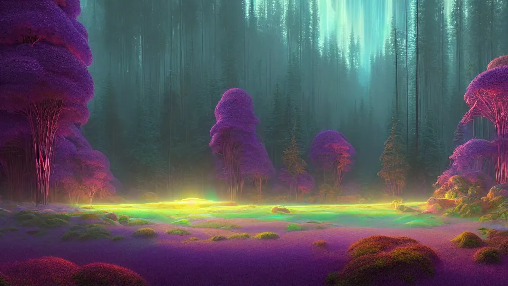 Image similar to highly detailed holographic iridescent glowing ethereal sci fi world with forests, mountains, fog at dusk, by gilbert williams, by simon stalenhag, by beeple, by bruce pennington, by moebius, octane render, with many different pastel shades of blue purple pink orange yellow green, beautiful prismatic volumetric lighting
