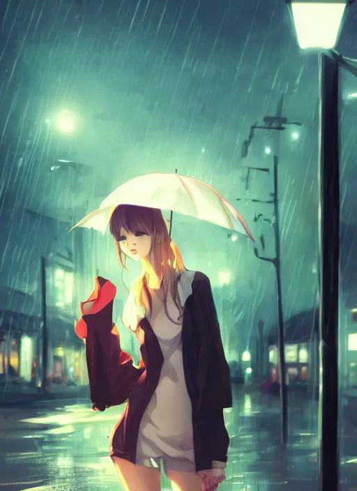 Image similar to listening to music at 2 am, night, pretty girl, pose, rain, lofi, lofi, peaceful, street light, anime key visual, poster, street wears, anime, by wlop, high quality, 4 k, trending, trending on artstation