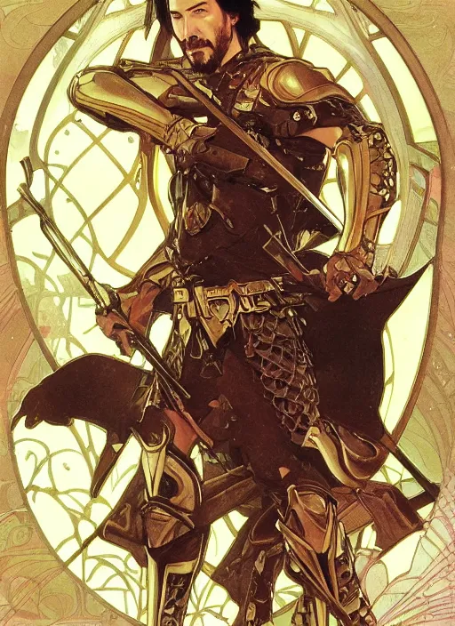 Image similar to keanu reeves in the slumps aiming crossbow brown skin golden hair brown leather armor high fantasy dnd smooth sharp focus illustration by rossdraws, alphonse mucha frank fanzzeta