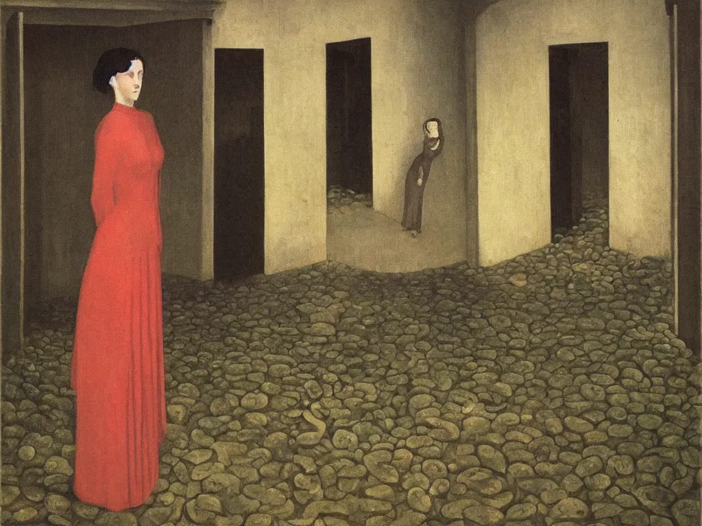 Image similar to woman standing in the doorway with coral. flood. painting by paul delvaux