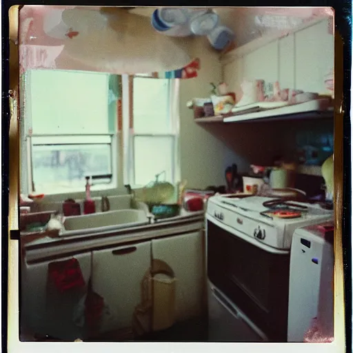 Prompt: paranormal polaroid of very messy kitchen, kodachrome, 3 5 mm film