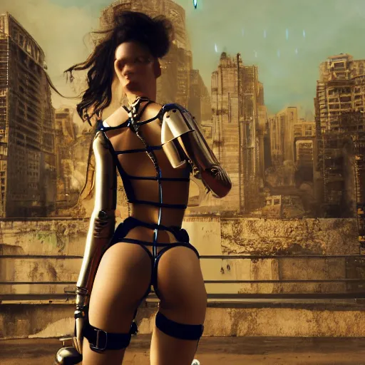 Prompt: Epic cinematic action scene render of a very beautiful dollpunk wearing Abstract tech bodysuit, in front of a ruined city, focus, realistic eyes, symmetric body features proportions, golden ratio, ultra intricate details, award winning, unreal render