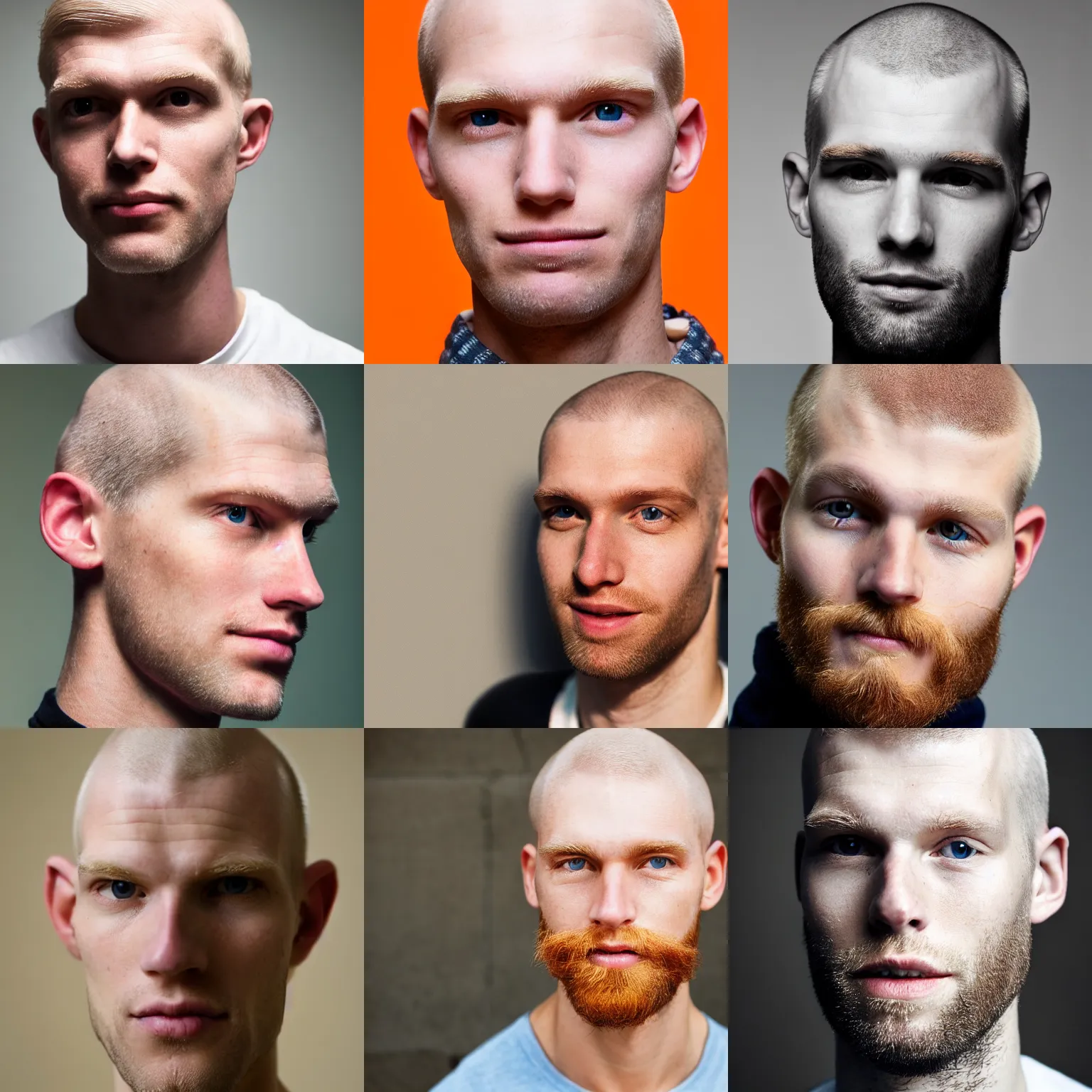 Prompt: close-up portrait of a tall thin blond man late-twenties with a square head and shaved head and squinty eyes and an orange beard and rosy cheeks.