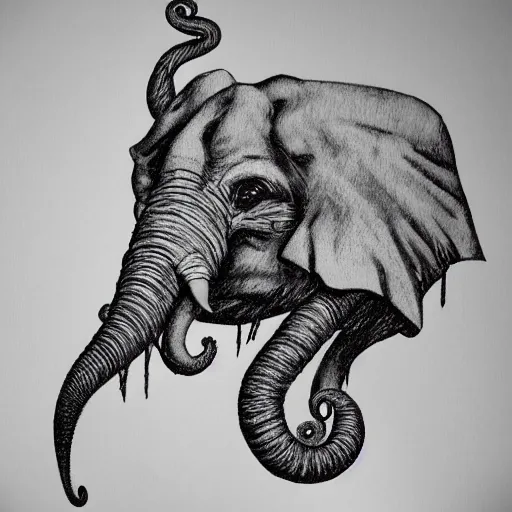 Image similar to angry elephant cthulu with eyes and tentacles at sea storm hyperrealistic