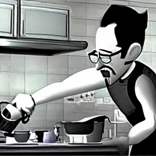 Image similar to a screenshot of Walter White cooking meth in Meet The Robinsons (2007) low quality, vhs quality,