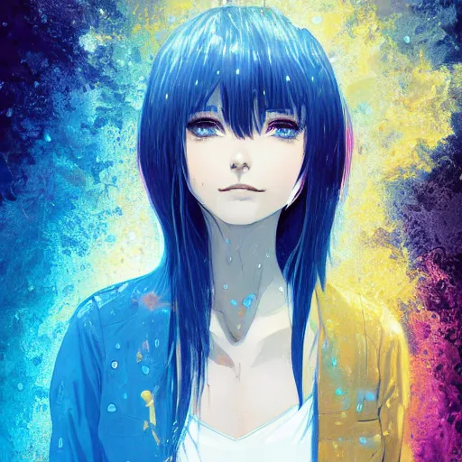 Image similar to water dripping on rimuru tempest, heavenly ripples, sky blue straight hair, bangs, with amber eyes, black jacket, high collar, ultra detailed, euphoric, masterpiece, digital painting, psychedelic, cinematic, wlop, pixiv, swirly, ilya kuvshinov, andy warhol