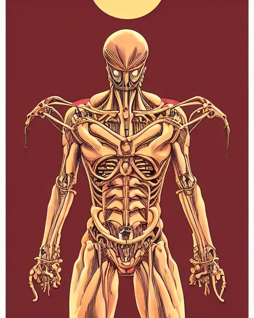 Image similar to full profile of evangelion xenomorph as vitruvian man by james jean and moebius, biomechanical, ultra wide angle, full body, no crop, golden ratio, ultra details, in the style of shusei nagaoka