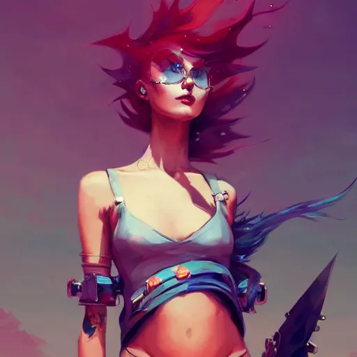 Image similar to a beautiful punkrocker in crop top, concept art by pete mohrbacher and guweiz and ilya kuvshinov, digital art, highly detailed, intricate, sharp focus, trending on artstation hq, deviantart, unreal engine 5, 4 k uhd image