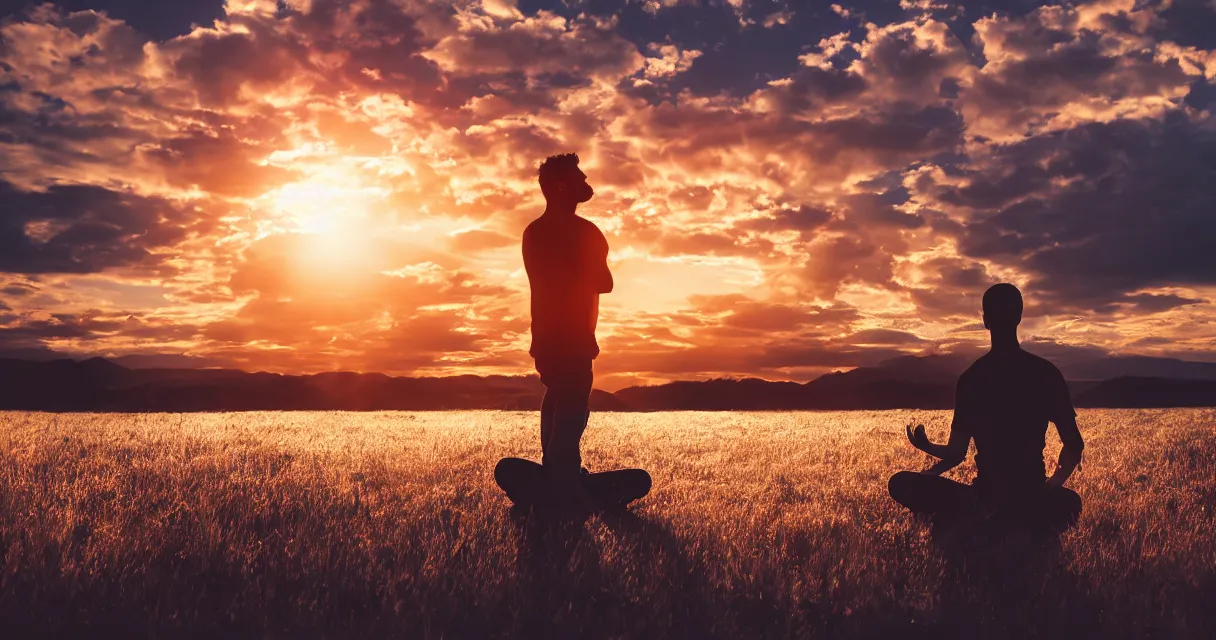 Image similar to wide range backlit photo of a man meditating, at a beautiful sunset, highly detailed, colorful,