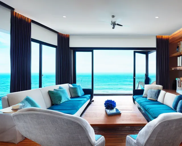 Image similar to A modern living room in a ocean hues style next to a big terrace overlooking the ocean, luxurious wooden coffee table in the center, inspired by the ocean, calm, relaxed style, harmony, wide angle shot, 8k resolution, ultra detailed