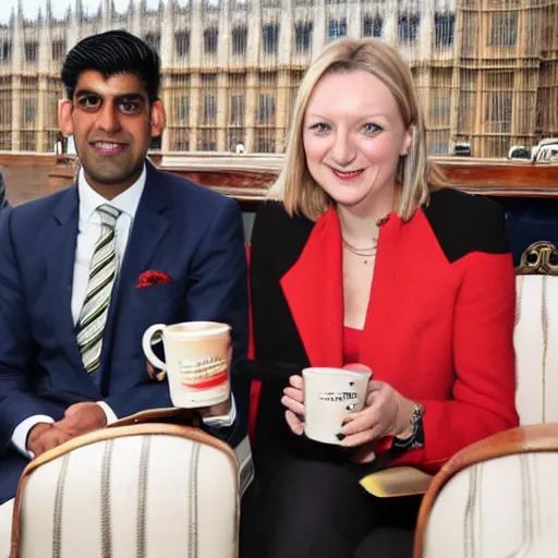 Image similar to Liz truss and Rishi sunak at parliament drinking barrells of oil. Daily Telegraph.