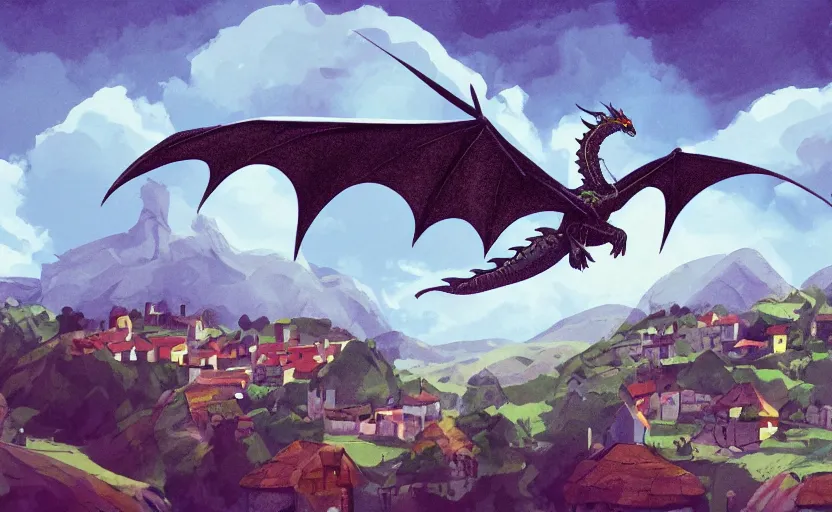 Image similar to dragon flying over a village, storybook, gouache, flat, concept art, lush, sharp focus