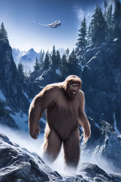 Prompt: a hyper detailed photo of a realistic sasquatch guiding you across a summit of a beautiful mountain range, above the clouds, photorealistic, unreal engine 5, 8 k post production, cinematographic, ray tracing, v - ray, octane render, go pro, redbull, wlop, artstation trending